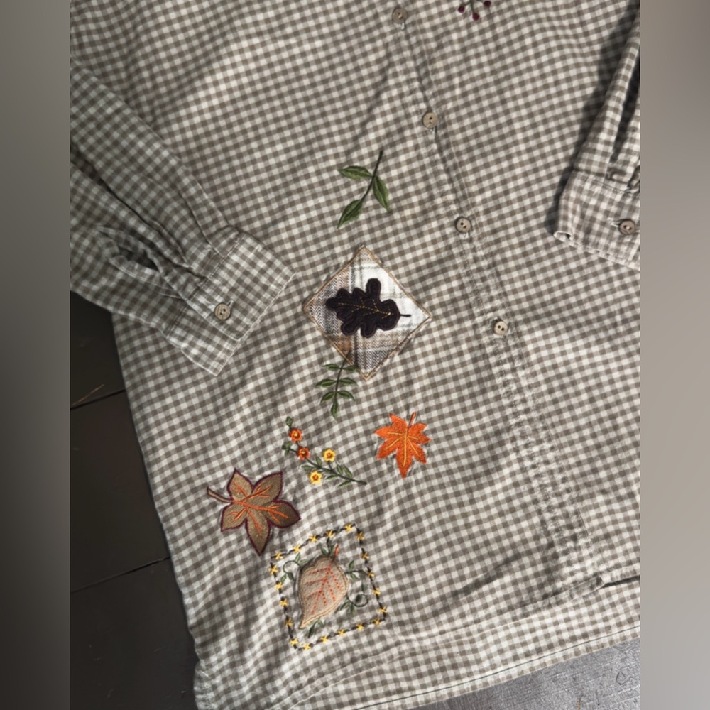 Bobbie Brooks LadiesButton Up Plaid Shirt Fall Leaf Embroidery 100% Cotton Sz XL - Picture 4 of 10